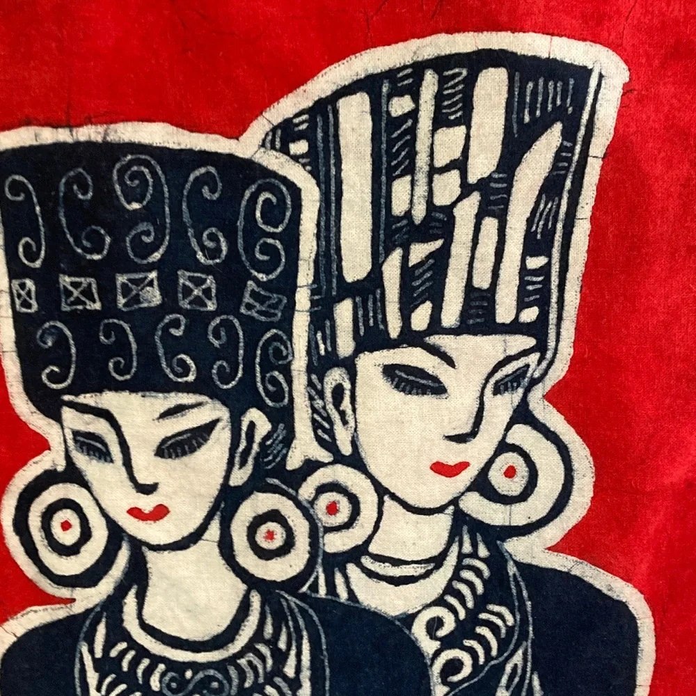 Batik Red and Blue Artistic Wall Hanging a couple birds ethnic bright
